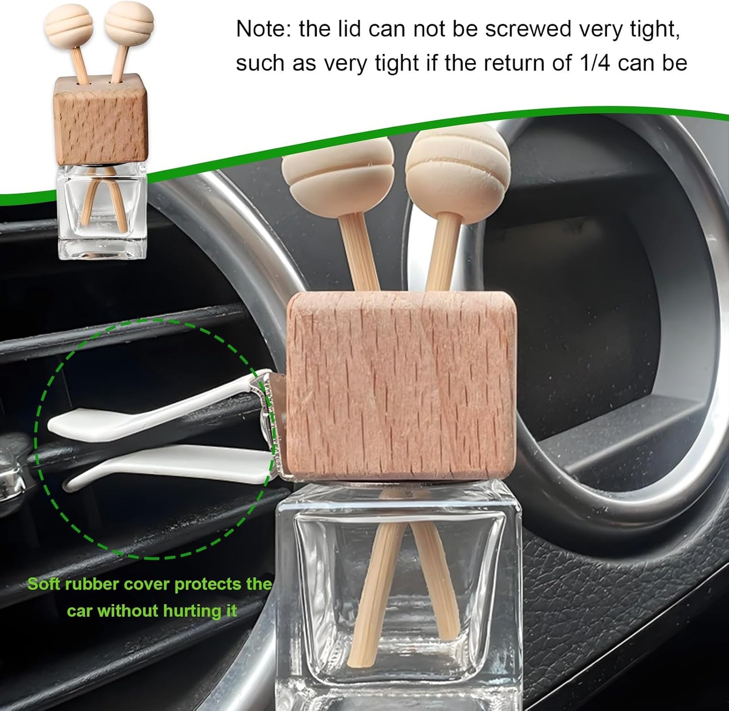 2PCS Car Diffuser Air Freshener Bottle, Empty Essential Oil Perfume Glass Bottle with Vent Clip, Wooden Clear Aromatherapy Fragrance Ornament Auto Decor, Interior Car Accessories