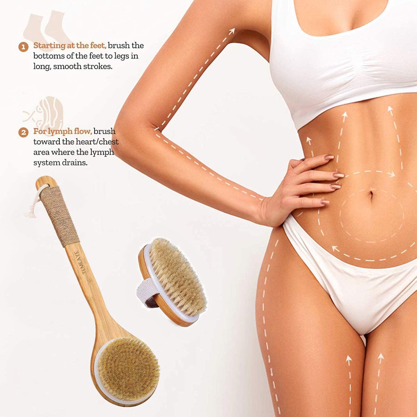 TEMEAYE Dry Brushing Body Brush, Wooden Handle, Natural Bristles, 2Pcs-Set | Medium Strength Body Scrub Brush, Gentle Exfoliator, Cellulite Reduction, Enhances Blood Circulation, Reveals Glowing Skin