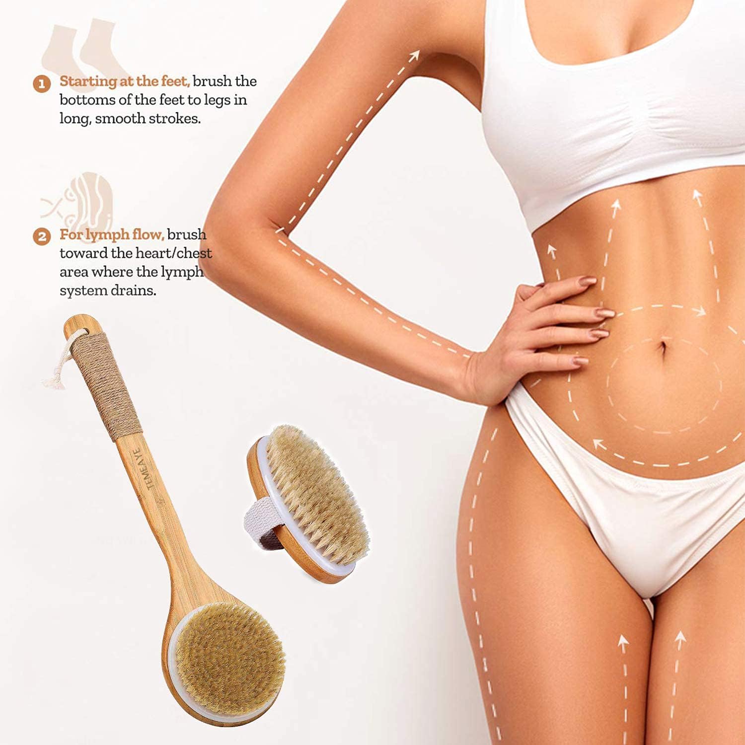 TEMEAYE Dry Brushing Body Brush, Wooden Handle, Natural Bristles, 2Pcs-Set | Medium Strength Body Scrub Brush, Gentle Exfoliator, Cellulite Reduction, Enhances Blood Circulation, Reveals Glowing Skin