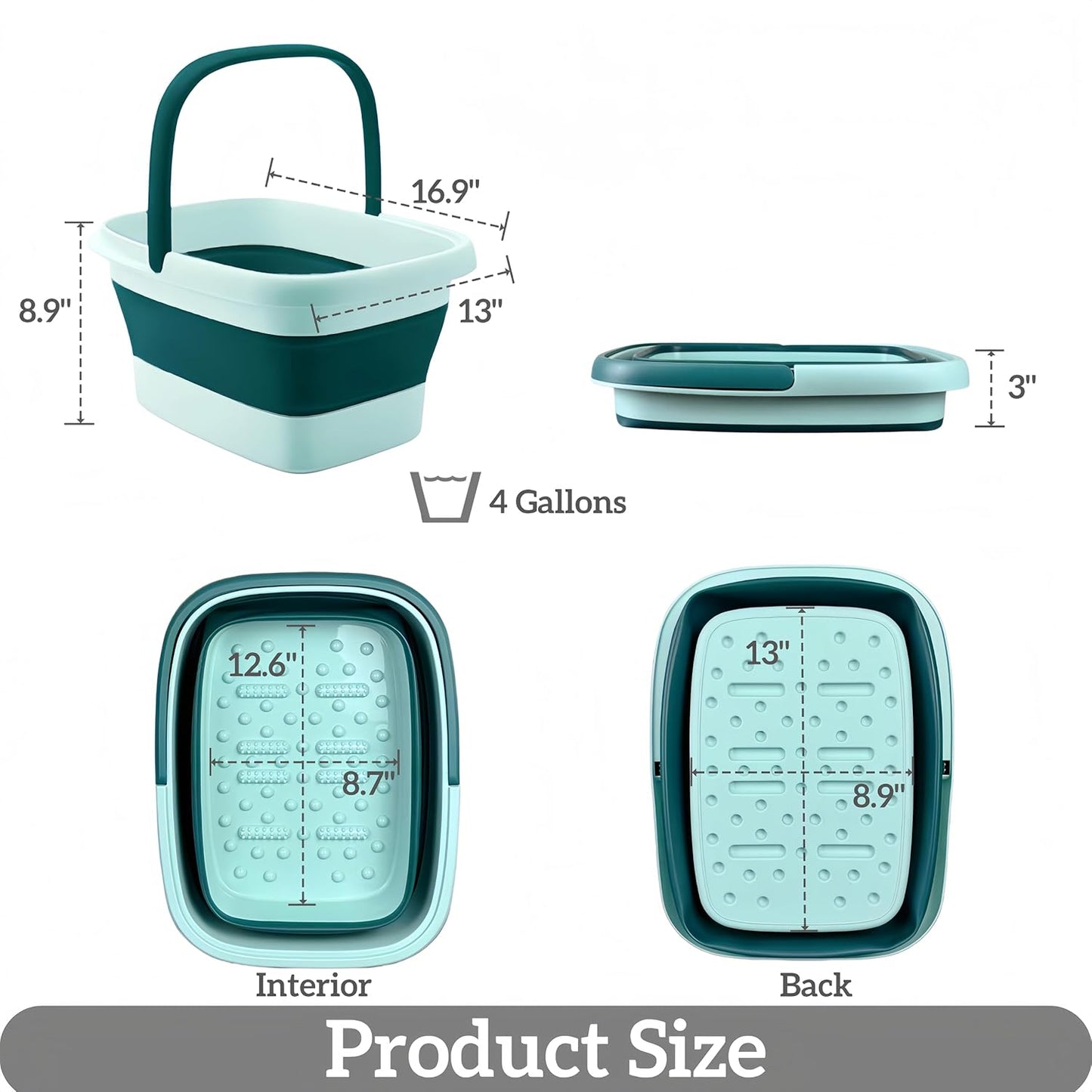 GIMWA Collapsible Foot Bath Basin for Soaking Feet, Foldable Foot Soak Tub with Handles and Massage Acupoint, Plastic Laundry Basket, Grey (Green)