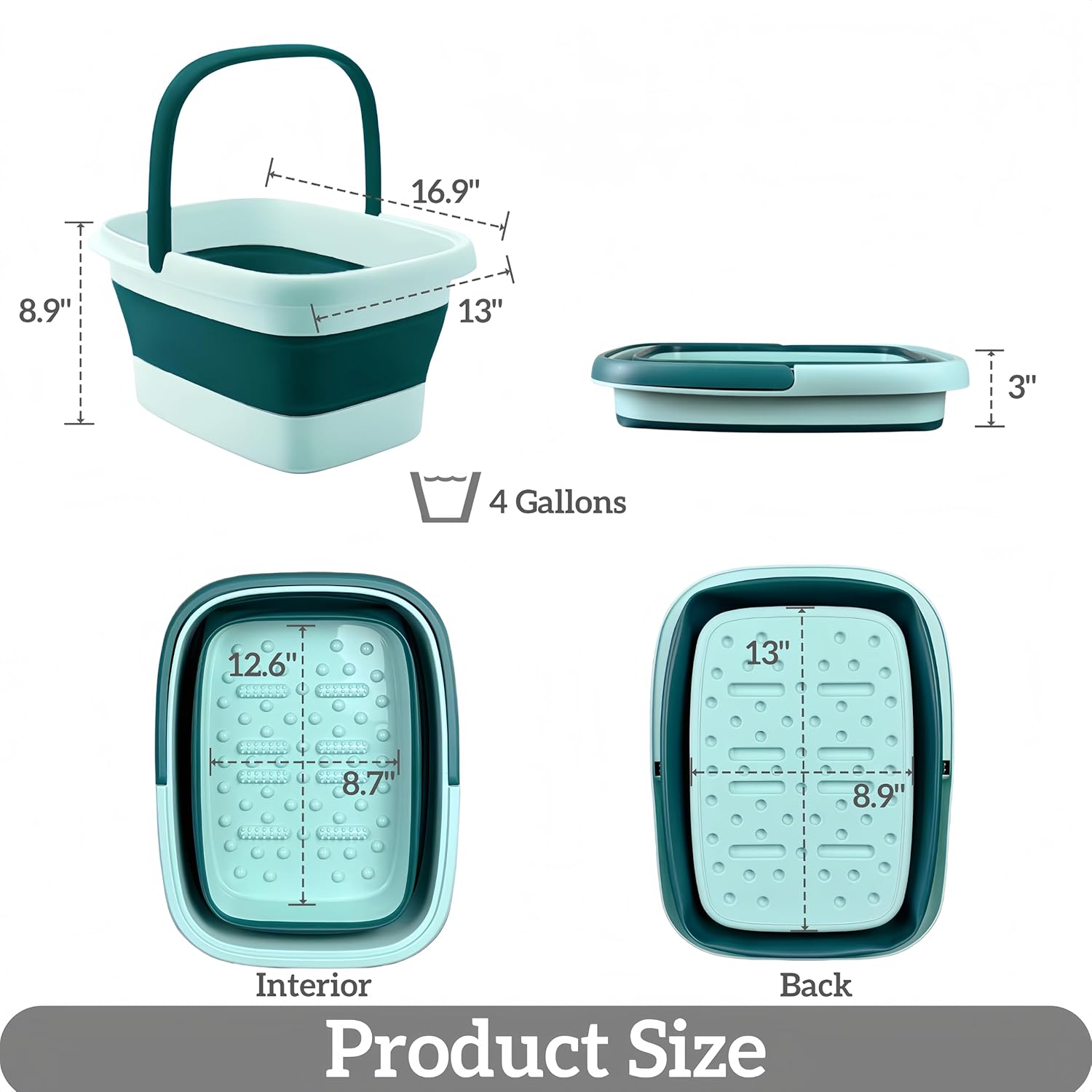 GIMWA Collapsible Foot Bath Basin for Soaking Feet, Foldable Foot Soak Tub with Handles and Massage Acupoint, Plastic Laundry Basket, Grey (Green)