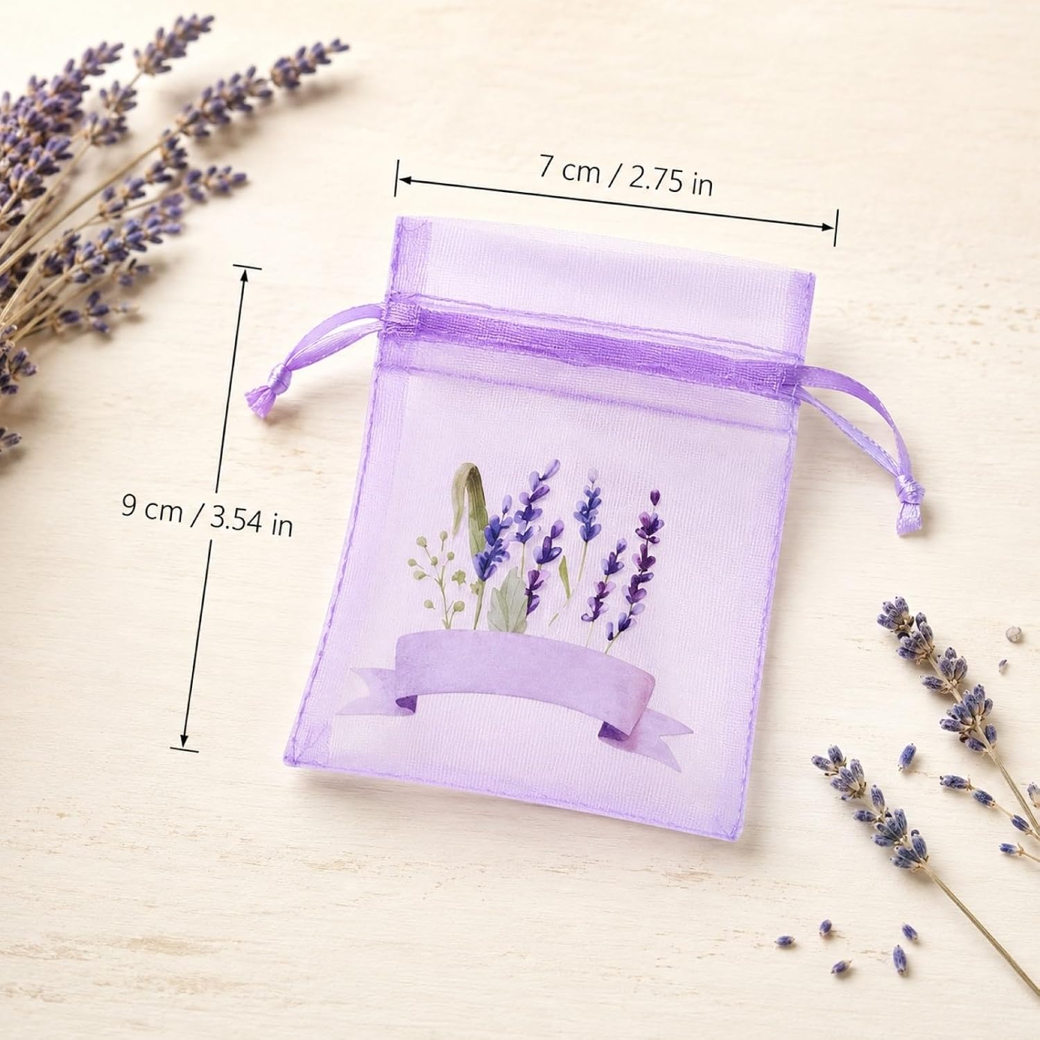 LUOZZY 50 Pcs Drawstring Organza Sachet Bags Small Mesh Lavender Sachets Bags Dried Flower Bags Christmas Wedding Party Favors Pouches (Light Purple)