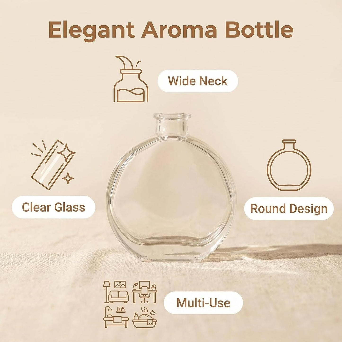 1 Pack 150ml/5oz Flat Round Clear Glass Reed Diffuser Bottles, Refillable Aromatherapy Essential Oil Bottles for Bathroom, Home & Office Decor