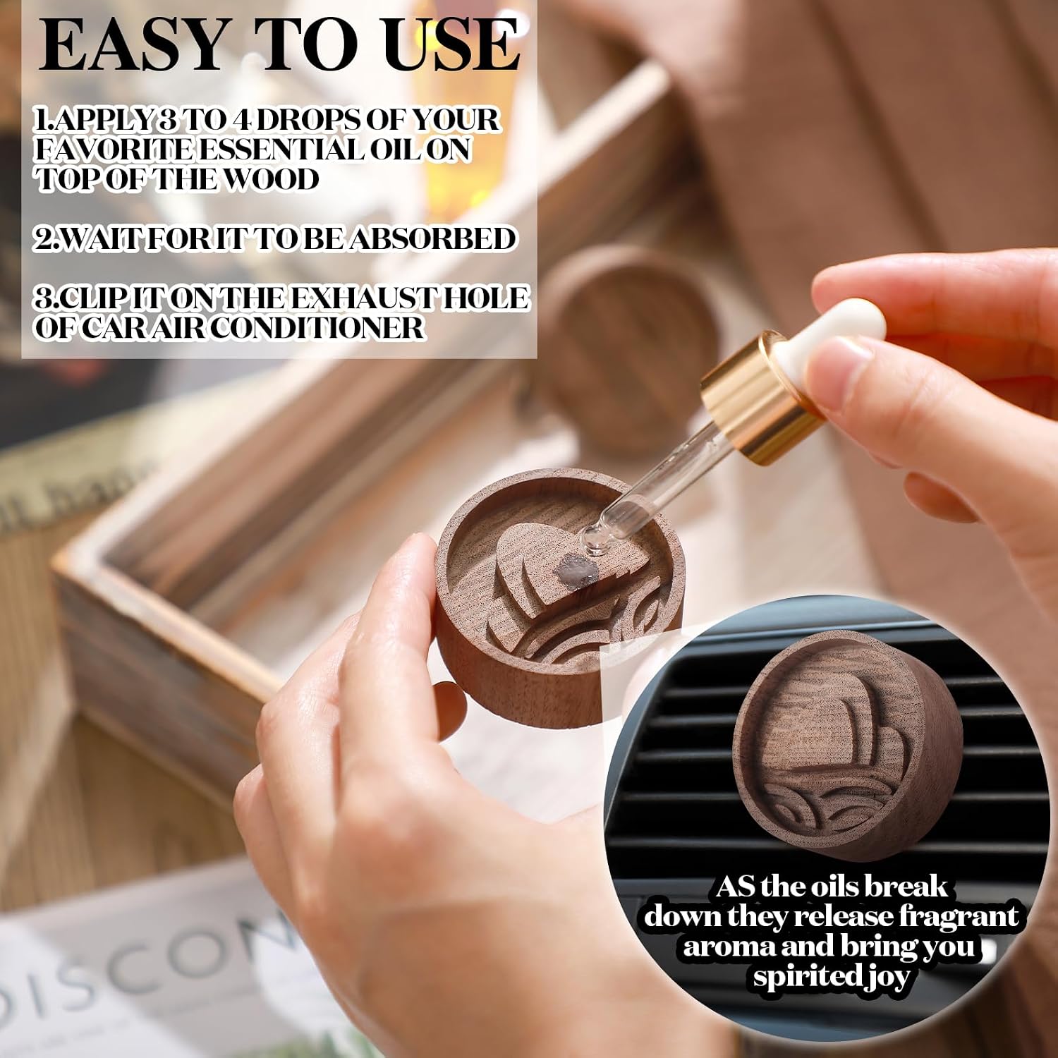 Teenyyou 4 Pcs Wooden Essential Oil Diffuser Car Aromatherapy Passive Diffuser with Vent Clip Walnut Wood Round Air Freshener Winter Gifts for Home Offices Yoga Rooms Sauna Rooms