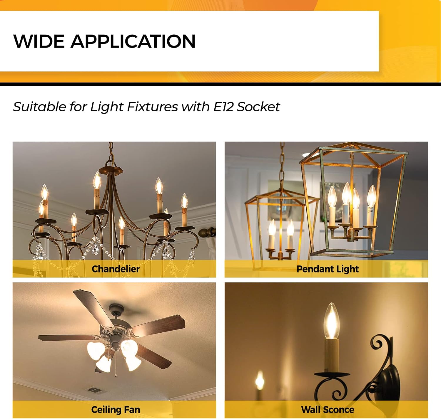 Hizashi 90+CRI Candelabra LED Light Bulbs 60 Watt, 2700K Warm White, E12 LED Bulb Dimmable, B11 Chandelier Light Bulbs, 6W, 550LM, Candle Light Bulbs, UL Listed, 12 Pack
