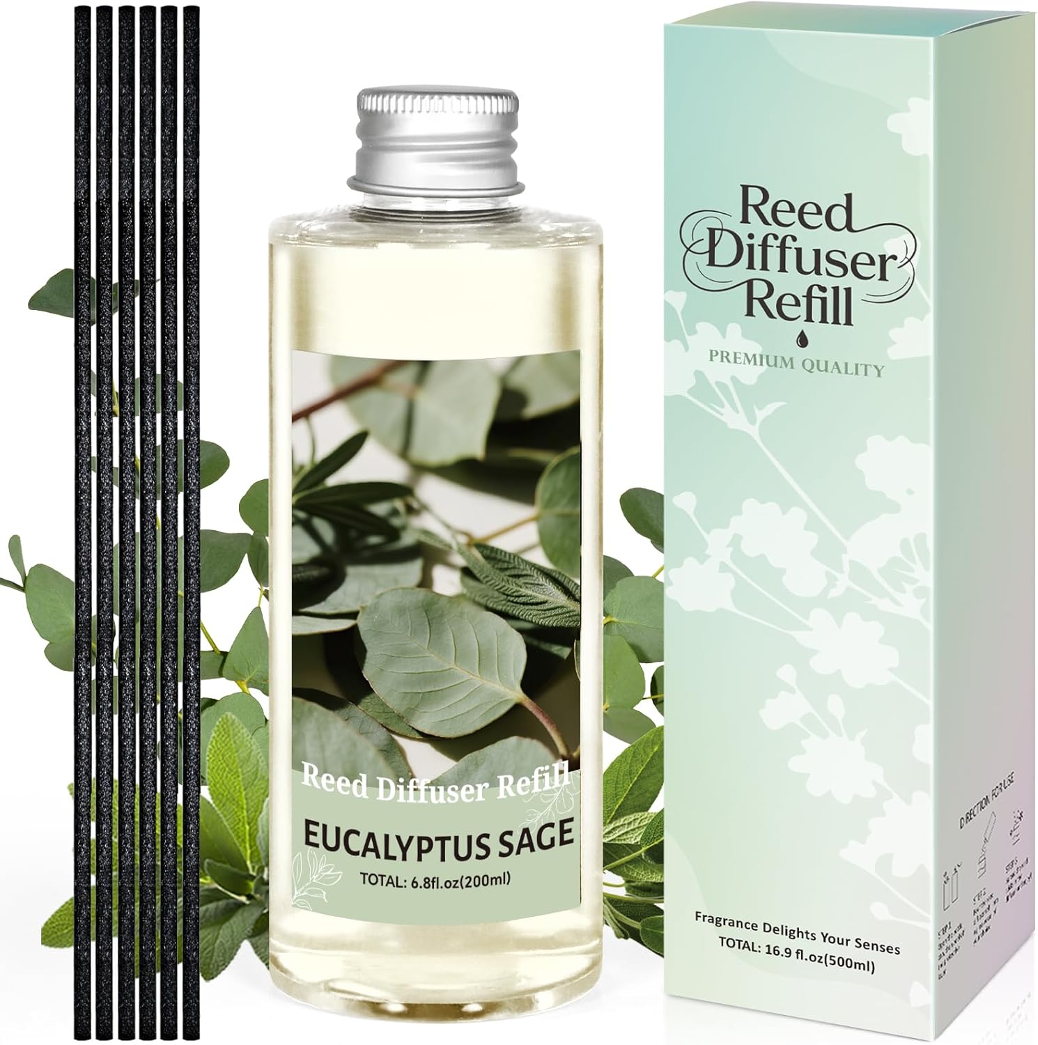 STRN Reed Diffuser Oil Refill, Eucalyptus Sage Scented Reed Diffuser Set, 6.8 fl.oz（200ml）, Reed Diffuser Refill for Summer Home Fragrance, Bedroom, Bathroom Office Home Decor