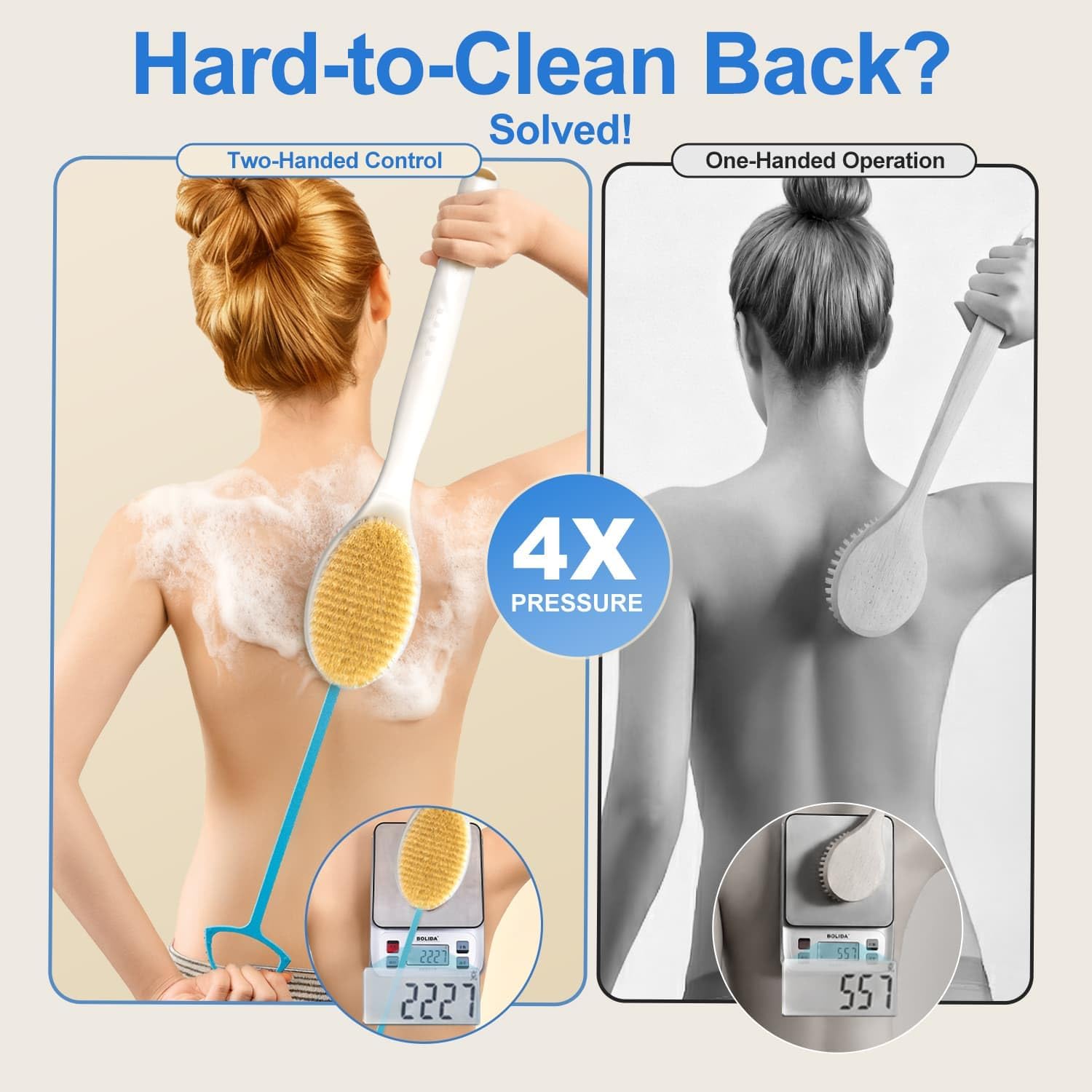 BUBBLEDANCE® Extendable Back Scrubber –Anti-Slip Dual-Sided, 4X Power Scrub | Extendable 17.5"-31.9" for 4X power – stiff & soft nylon bristles, non-slip grip, quick-dry rust-proof, rich lather