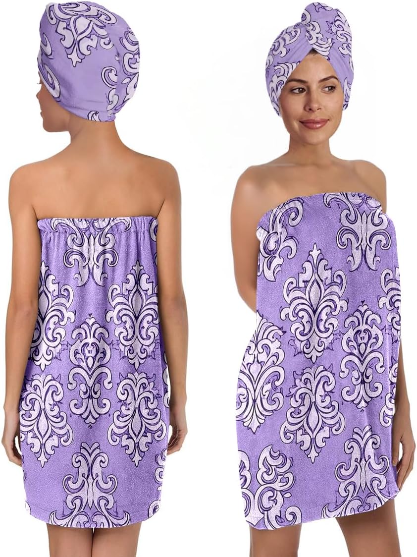 YWMAN Microfiber Bath Wrap Set with Hair Turban, Purple Damask Pattern, Soft Spa Shower Towel Wrap, Women's Bath Accessories, Fits 39.4-59 inch Chest