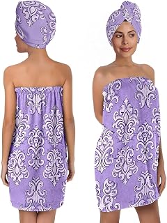 YWMAN Microfiber Bath Wrap Set with Hair Turban, Purple Damask Pattern, Soft Spa Shower Towel Wrap, Women's Bath Accessories, Fits 39.4-59 inch Chest