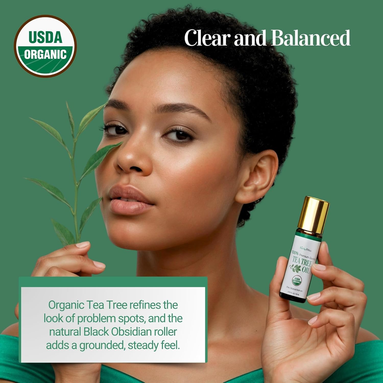 BodyJ4You Tea Tree + Peppermint Essential Oil Roll On Duo - 100% USDA Organic MCT Coconut Oil - Black Obsidian and Clear Quartz Stone Rollers - Spots Cuticles Feet Cooling Focus Temples Neck - Amber G