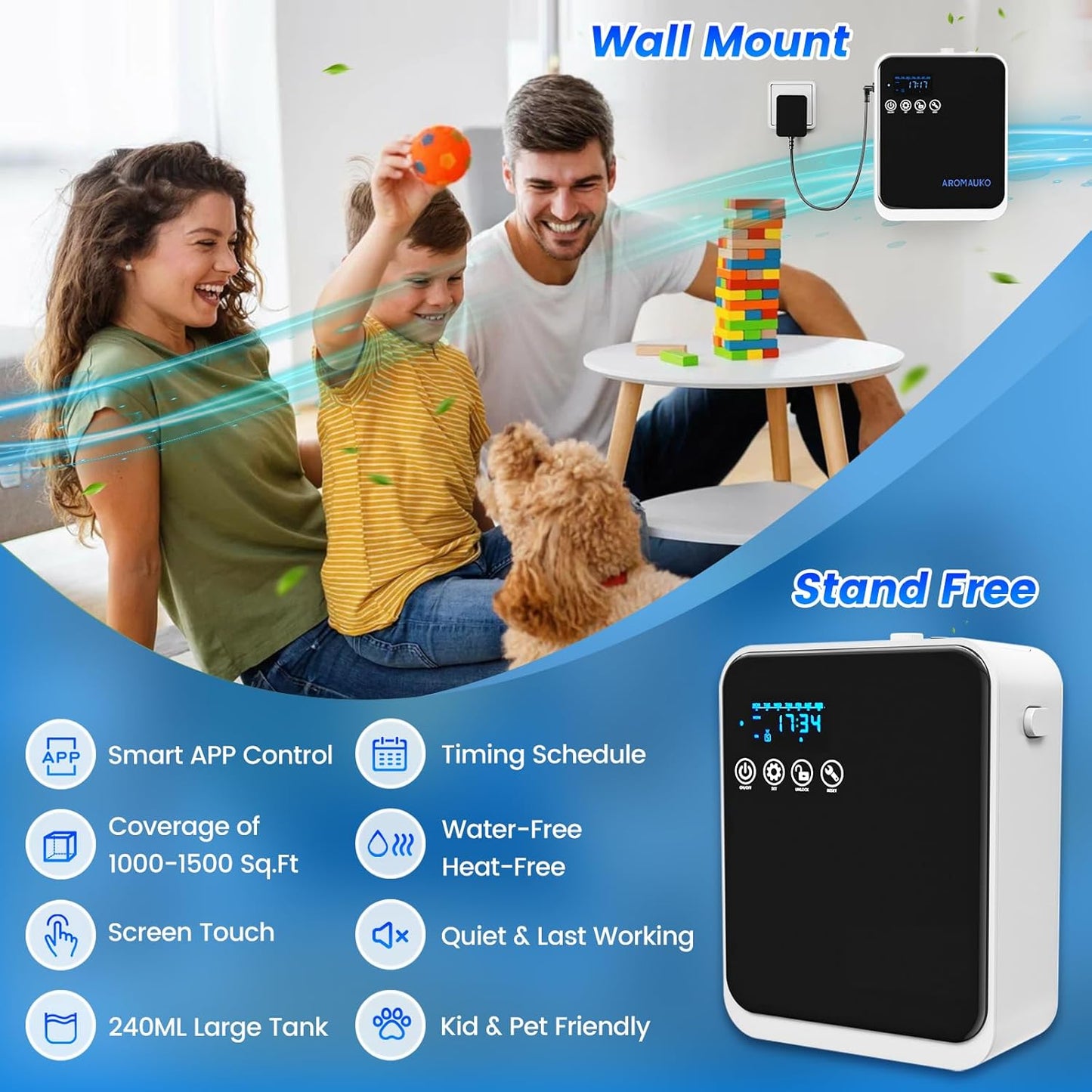 Waterless Essential Oil Diffuser,Home Hotel Aromatherapy Scent Diffuser,Whole House Oil Diffuser with APP Control & Touch Screen,1500 sq.ft Coverage,Adjustable Level & Auto Timer,Quiet,Father's Day