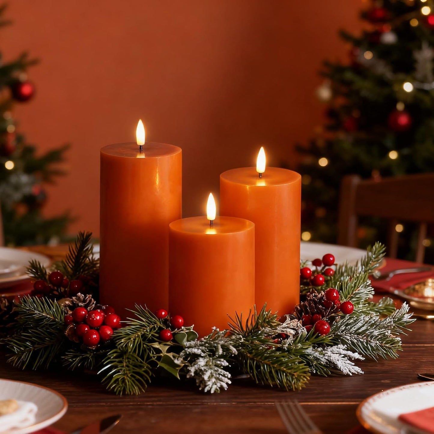 Burnt Orange Flameless Pillar Candles with Remote, Flickering LED Wax Candles Battery Operated Set of 3