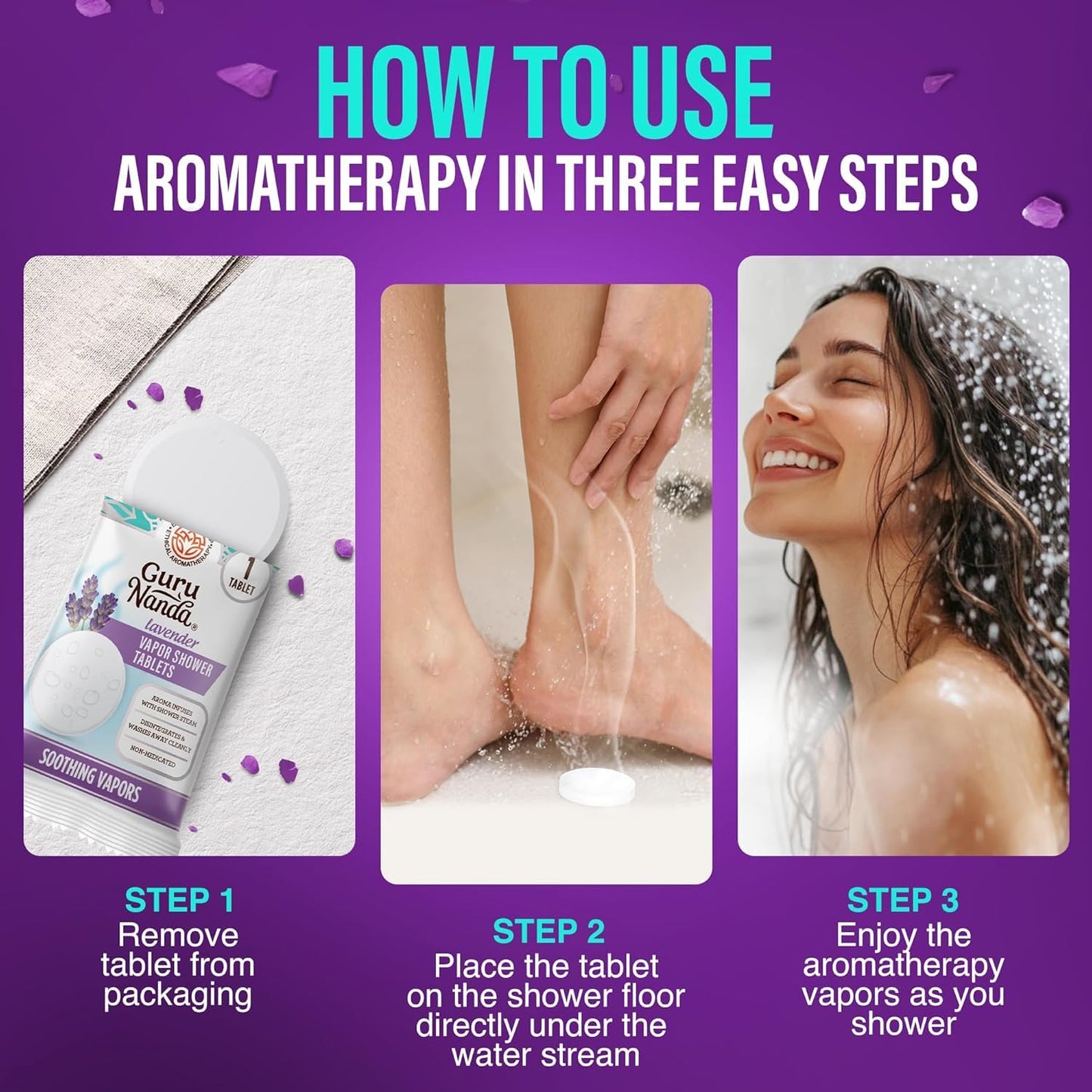 GuruNanda Lavender Vapor Shower Tablets, Clean-Dissolving Aromatherapy Shower Steamers with Lavender & Menthol, Soothes & Promotes Relaxation, Ideal for Gifting, 5 Count