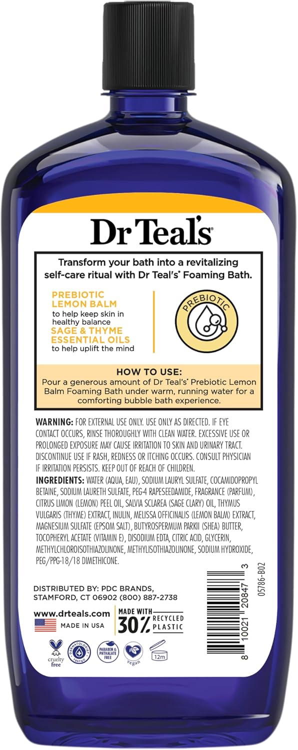 Dr Teal's Foaming Bath with Pure Epsom Salt, Prebiotic Lemon Balm & Essential Oils, 34 fl oz (Pack of 4)