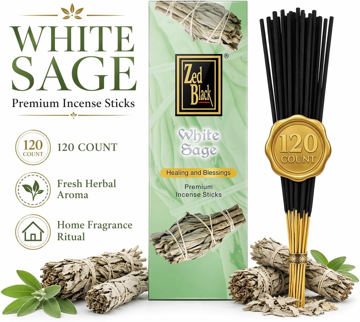 White Sage Incense Sticks - 120 Count | Natural Air Purifying Aromatherapy | Calming and Cleansing Fragrance | Perfect for Meditation, Relaxation, Prayer & Spiritual Rituals I Zed Black