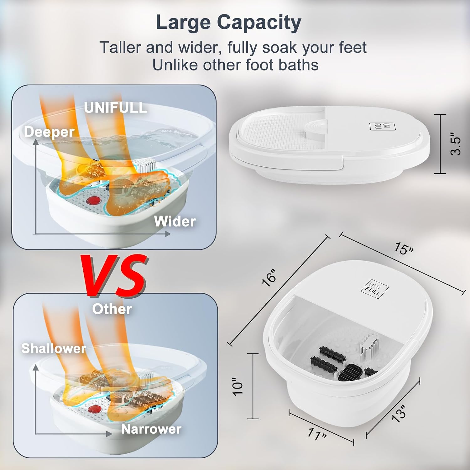 UNIFULL Foot Spa Bath with Heat and Temperature Control, Massager Roller, Bubble, Remote Control, Pedicure Kit, Red Light, Large Heating Foot Bath-White