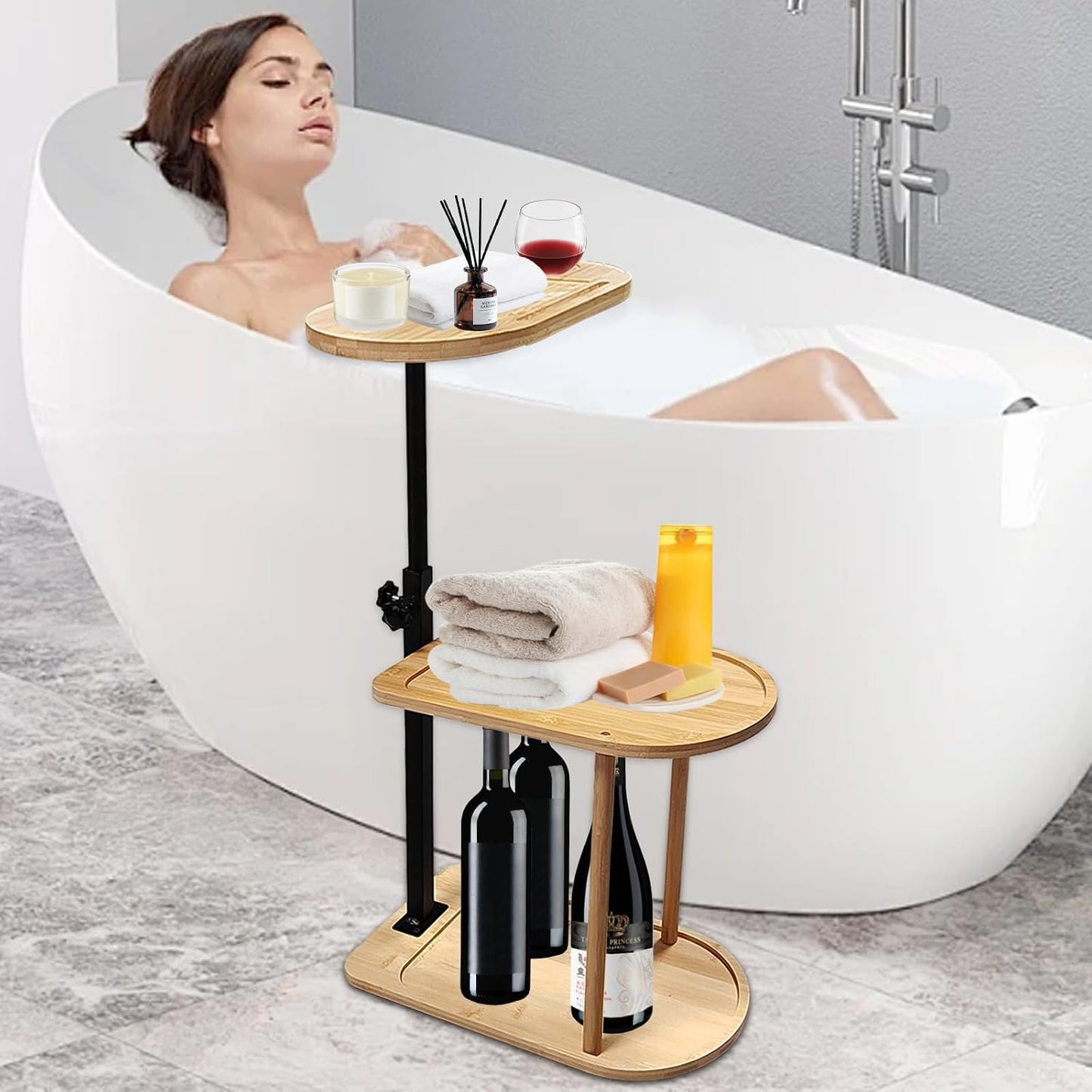 3 Layer Bath Tub Tray Table Liftable Freestanding Bamboo Bath Tray Caddy for Tub Against Wall Shelf Bathroom Organizer Shelf for Luxury Spa, Home Spa Bathtub Accessories
