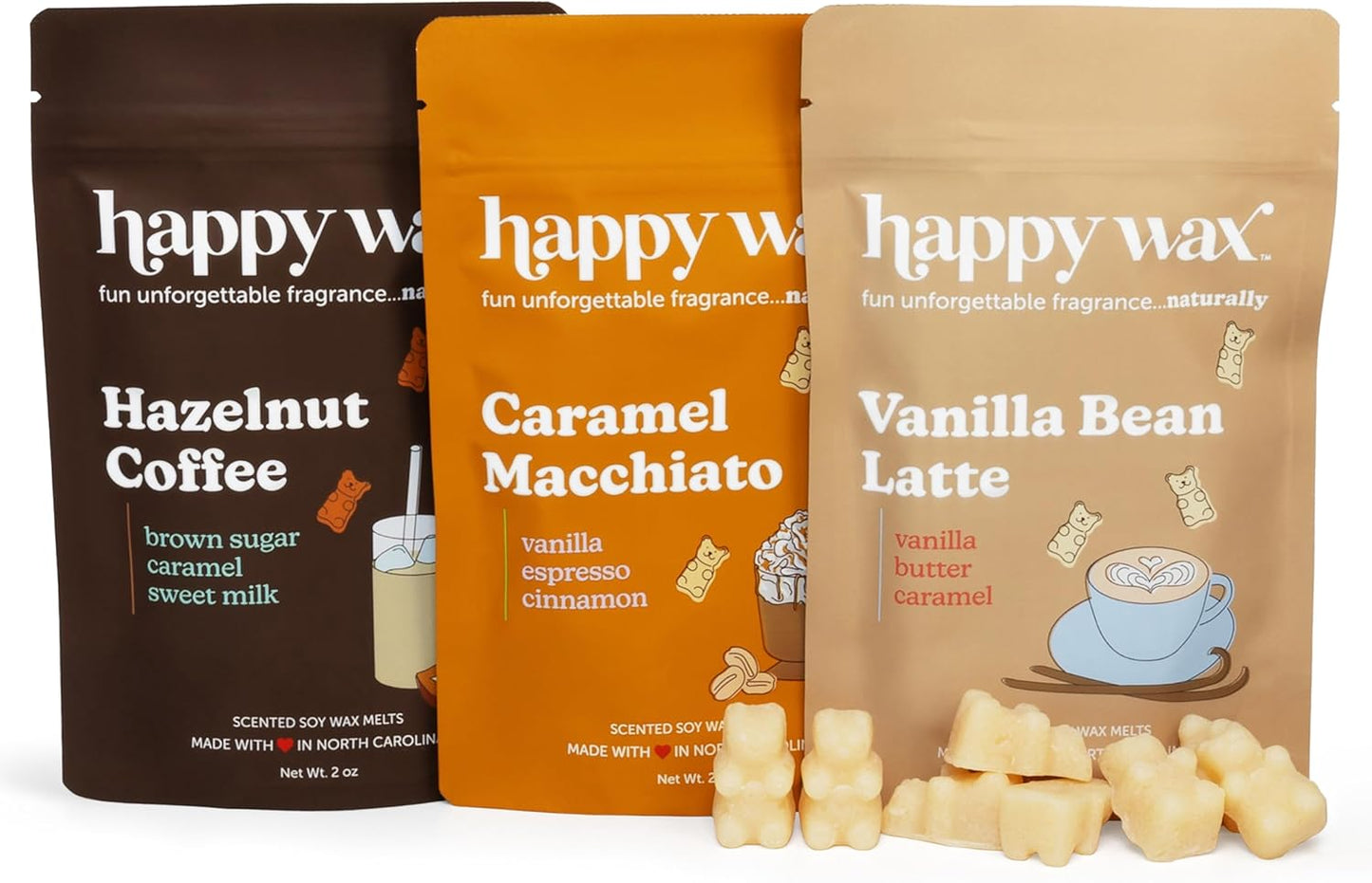 Happy Wax Coffee Collection: Natural, Non-Toxic Scented Soy Wax Melts – Total 6oz Variety Pack: Vanilla Bean Latte, Caramel Macchiato, Hazelnut Coffee