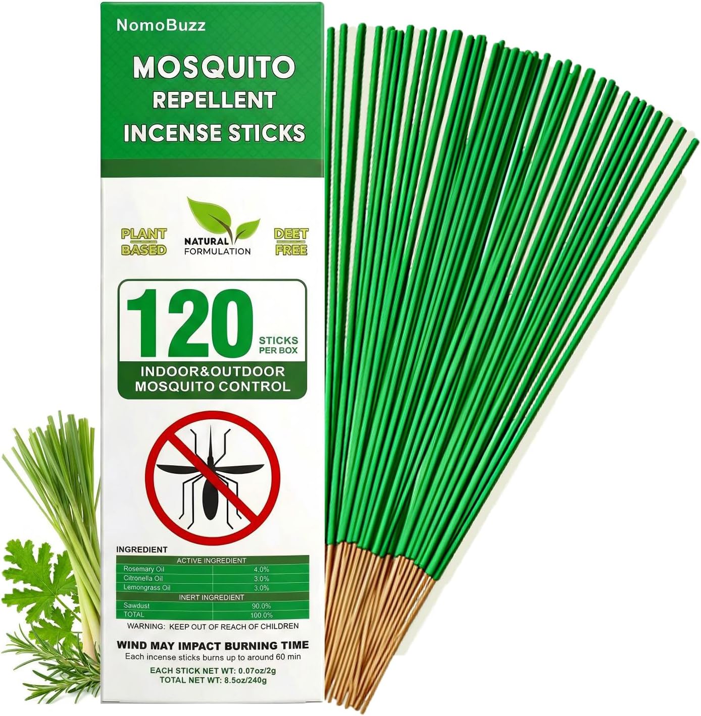NomoBuzz Mosquito Repellent Incense Sticks 120 Count - DEET-Free Plant-Based with Citronella & Rosemary, 60 Mins Long-Lasting Protection for Patio, Backyard, Camping, Picnic