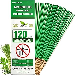 NomoBuzz Mosquito Repellent Incense Sticks 120 Count - DEET-Free Plant-Based with Citronella & Rosemary, 60 Mins Long-Lasting Protection for Patio, Backyard, Camping, Picnic