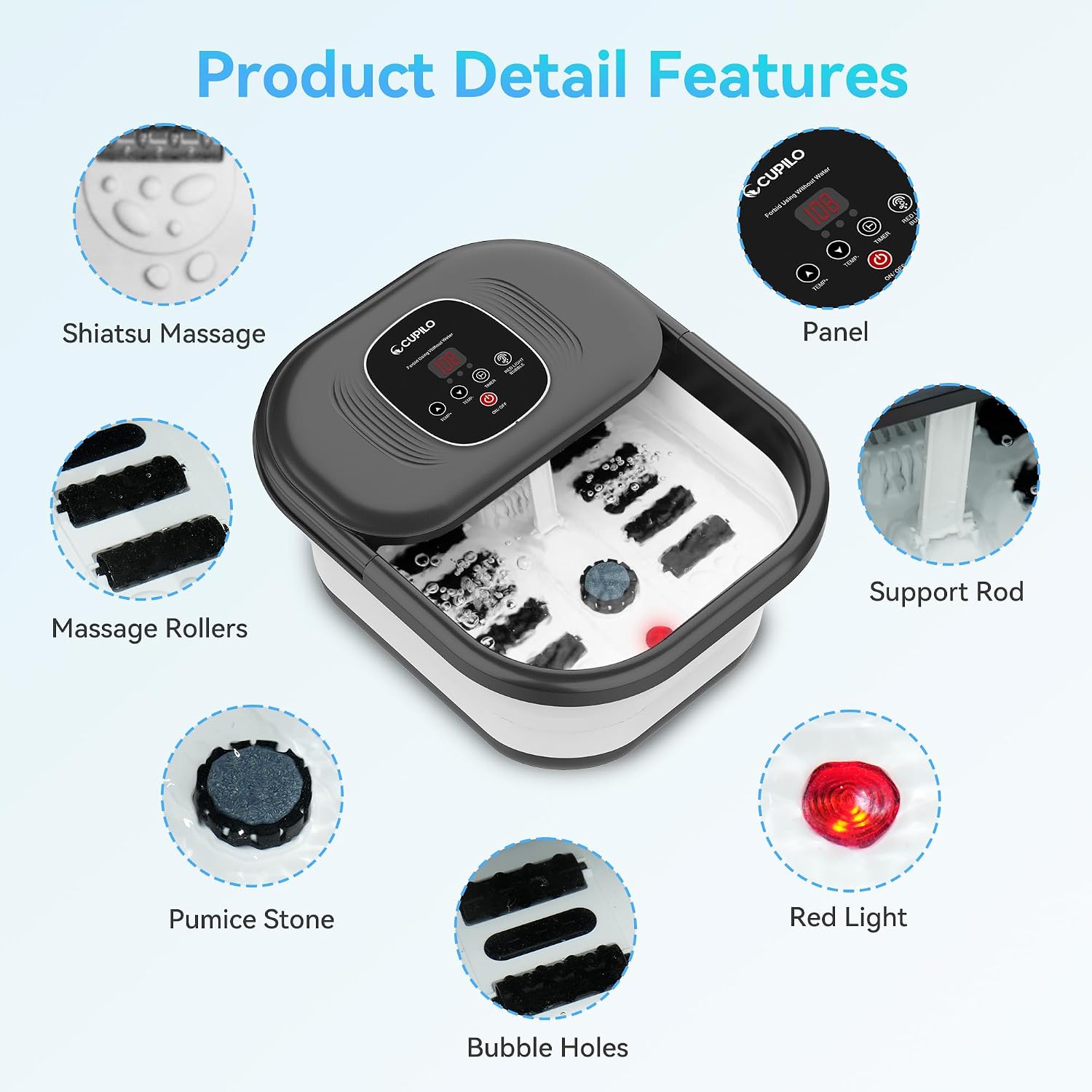 CuPiLo Foot Spa Bath Massager with Heat, Collapsible Foot Massager Spa Soaking Tub with Bubbles, Pumice Stone, and Shiatsu Massage Rollers, Pedicure Foot Spa for Relaxation, Gifts