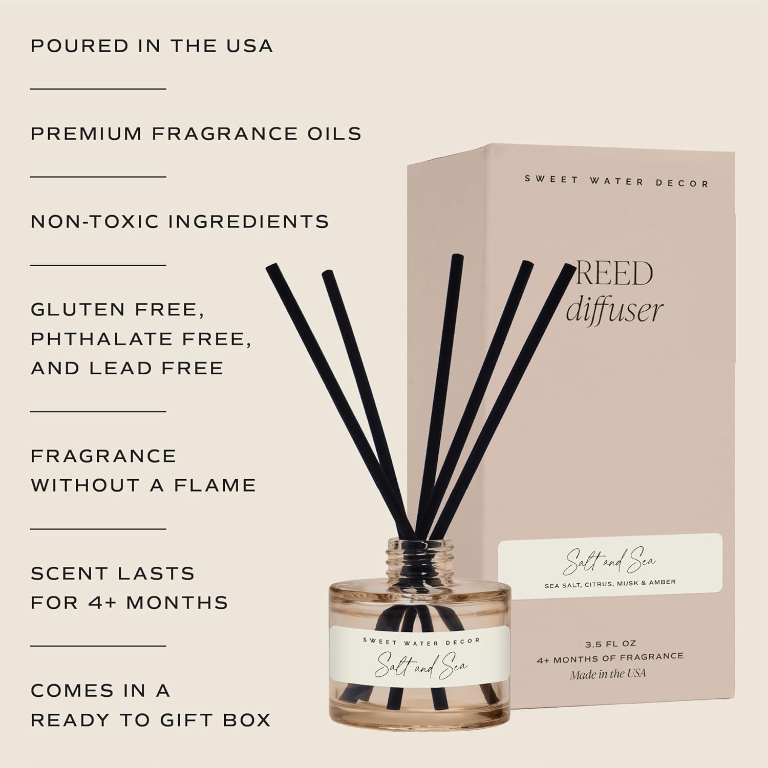 Sweet Water Decor Salt and Sea Reed Diffuser - Sea Salt, Citrus, Musk & Amber Scent - Long-Lasting 4 Month Home Fragrance, Non-Toxic, Aesthetic Home & Bathroom Decor, Made in USA, 3.5 Fl Oz