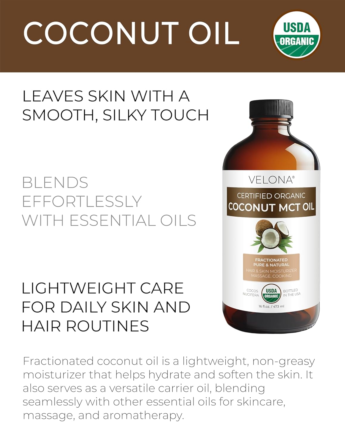 velona USDA Certified Organic MCT Coconut Oil - 16 fl oz in Glass Bottle | 100% from Coconut | Fractionated | Skin, Face, Body, Hair Care