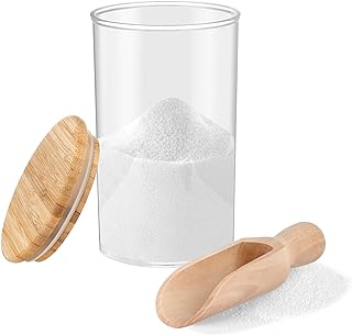 42oz Acrylic Bath Salt Jar with Wooden Scoop Flour Containers with Lids Airtight Epsome Salt Bath for Bathroom Kitchen（Hold 42 Ounces of Bath Salt）