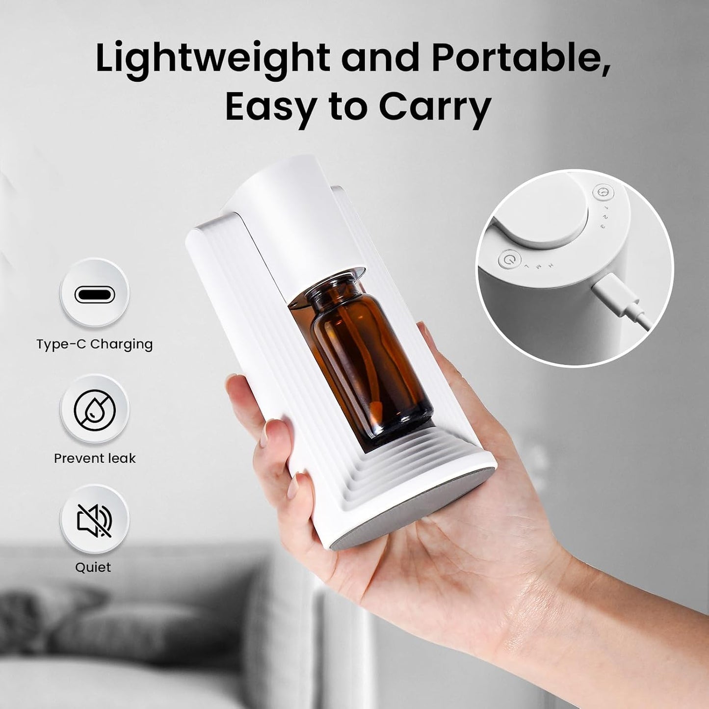 Waterless Essential Oil Diffuser, Portable Aromatherapy Diffuser, Fit for 10-20mL Essential Oil Bottles, 3 Timer & 3 Mist Level, Rechargeable Mini Scent Diffuser for Home, Room, Car and Office (White)