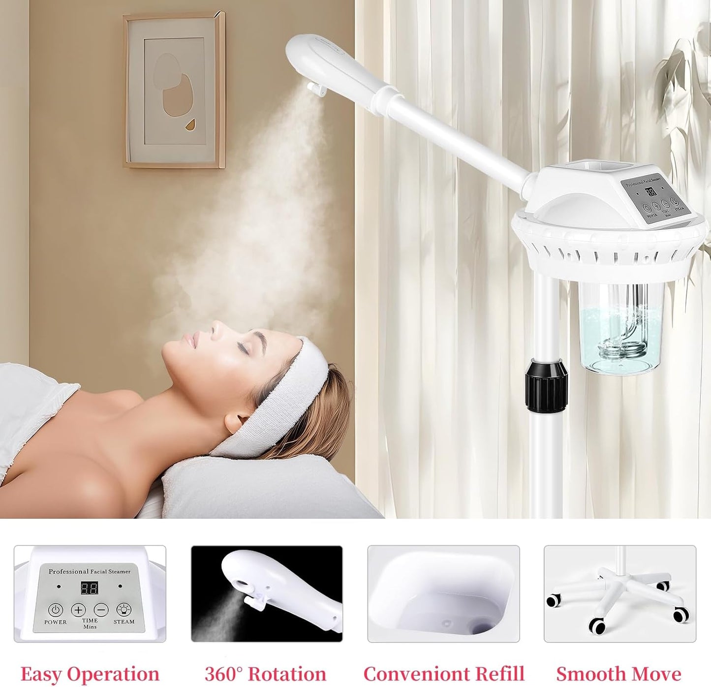 Facial Steamer Professional for Deep Cleansing and Hydration, Face Steamer for Estheticians with Adjustable Height, Spa Ozone Steamer on Wheels, Suitable for Home and Beauty Spa Salon Use