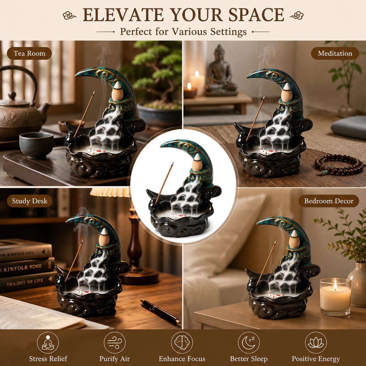 Ceramic Incense Holder Backflow Handcraft Moon Incense Burner with 30 Incense Cones 1 Tweezer 1 Mat 30 Incense Sticks for Home Decoration Ornament Aromatherapy and Meditation