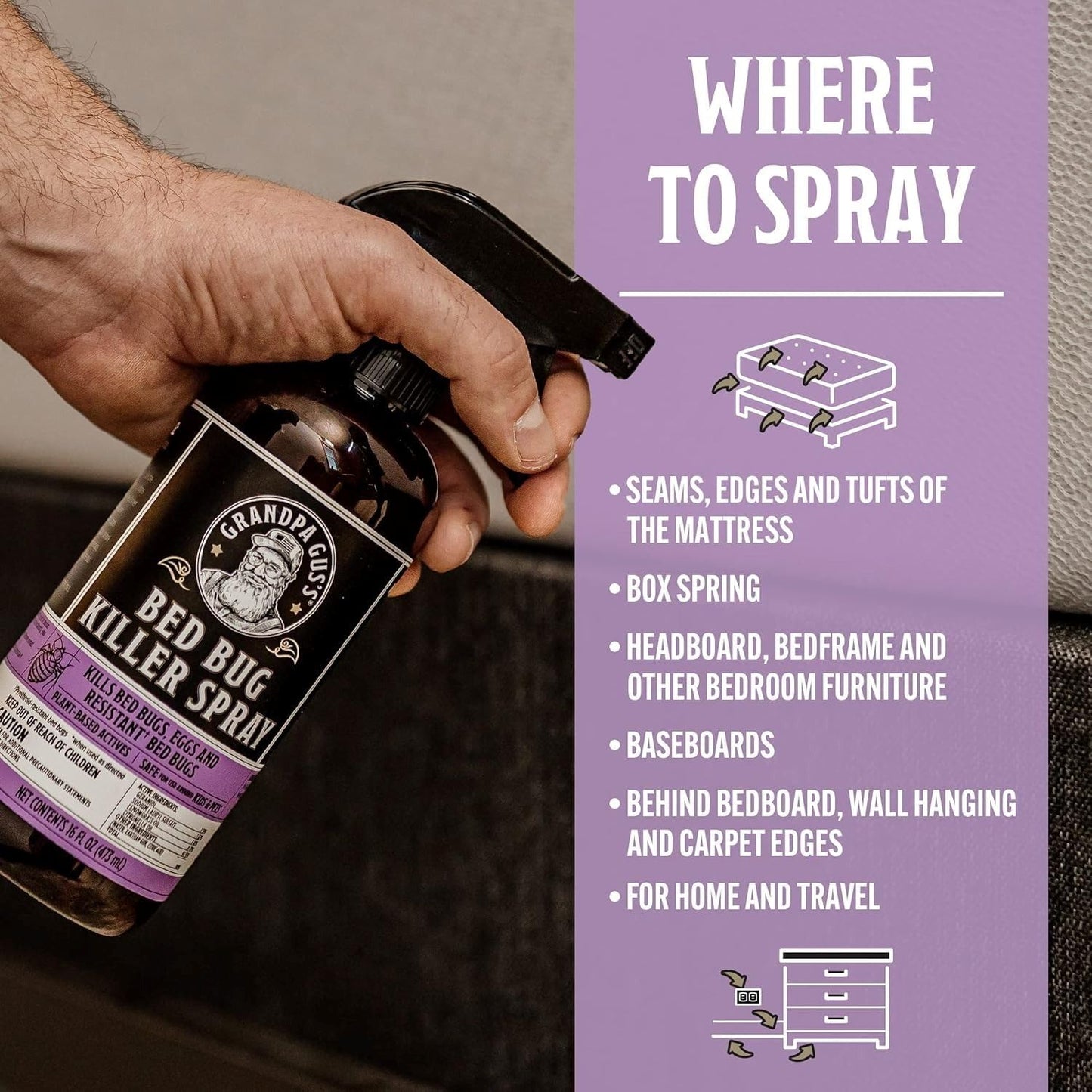 Grandpa Gus's Natural Bed Bug and Dust Mite Killer Spray, Plant-Based Home Treatment for Mattress and Bedding, Kills Eggs and Pyrethroid-Resistant Strains, 16 fl oz
