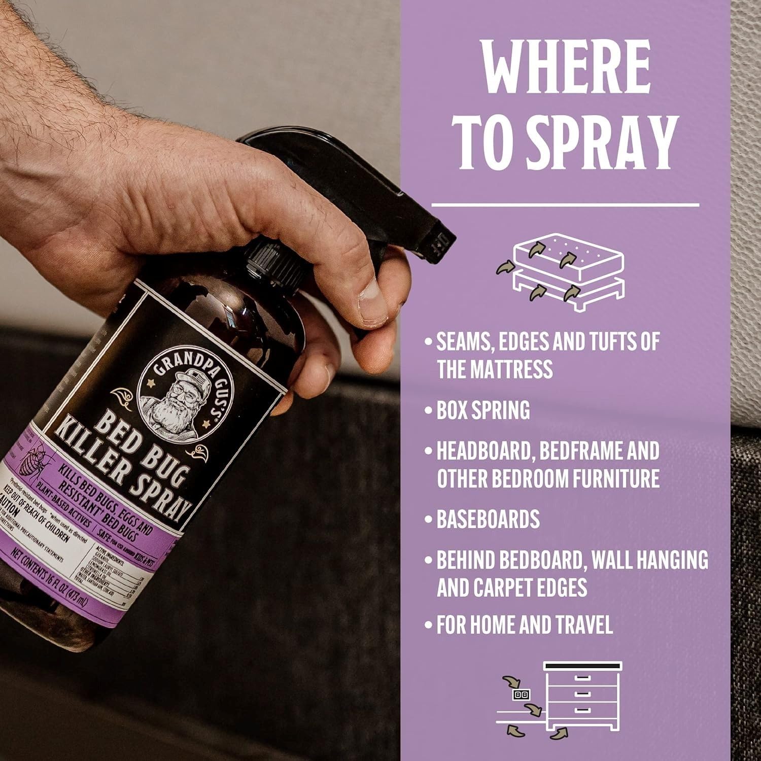 Grandpa Gus's Natural Bed Bug and Dust Mite Killer Spray, Plant-Based Home Treatment for Mattress and Bedding, Kills Eggs and Pyrethroid-Resistant Strains, 16 fl oz