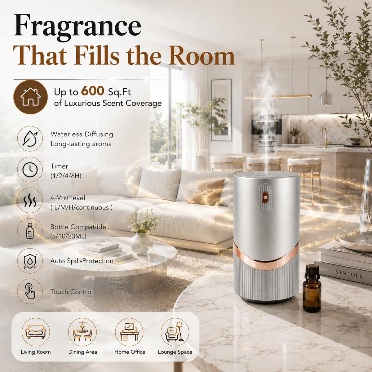 Essential Oil Diffuser Mini Waterless Diffuser Smart Car Diffuser Cordless Diffusers for Home Scent Diffuser Grey Air Diffuser with 10ml Essential Oils