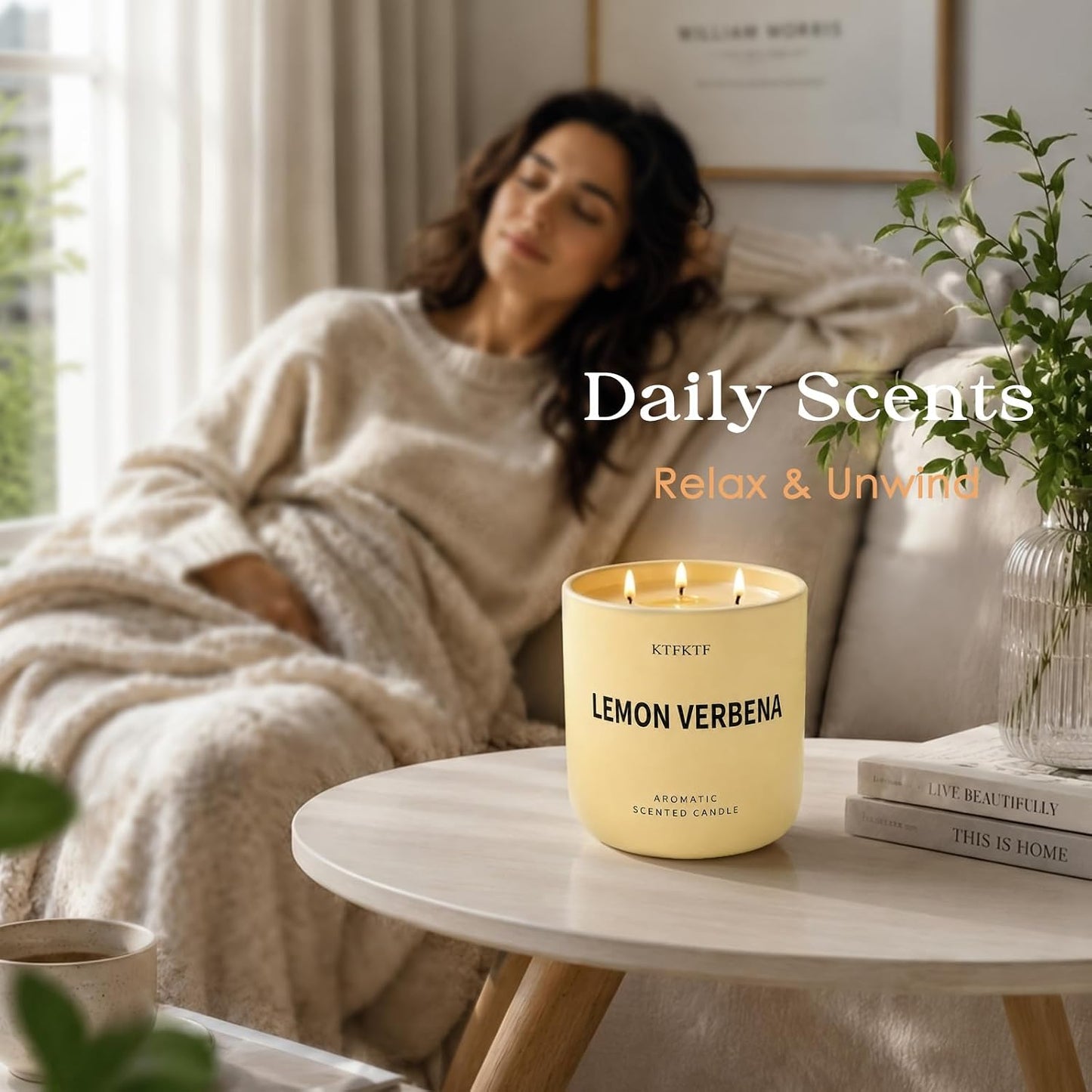 Lemon Verbena Candle, 14.1oz Large 3-Wick Soy Wax Candle, Up to 80 Hours Burn Time, Non-Toxic Aromatherapy Jar Candle with Essential Oils, Citrus Scented Candle for Home