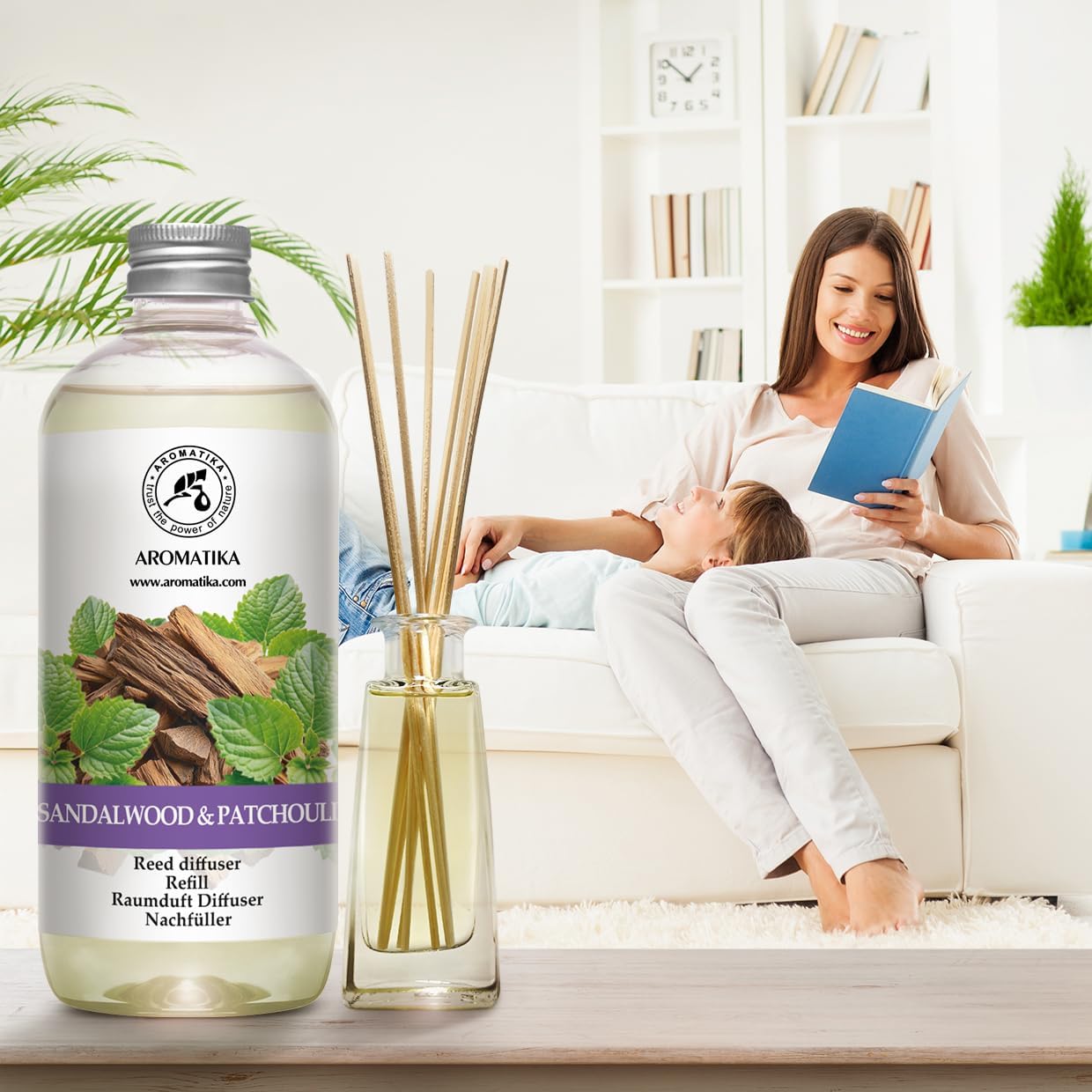 Reed Diffuser Refill Sandalwood - Patchouli 17 Fl Oz - Scented Diffuser Refill with Patchouli Essential Oil - Home Fragrance - Sandal Aroma - Air Freshener - Aromatherapy - Spa - Home - Office