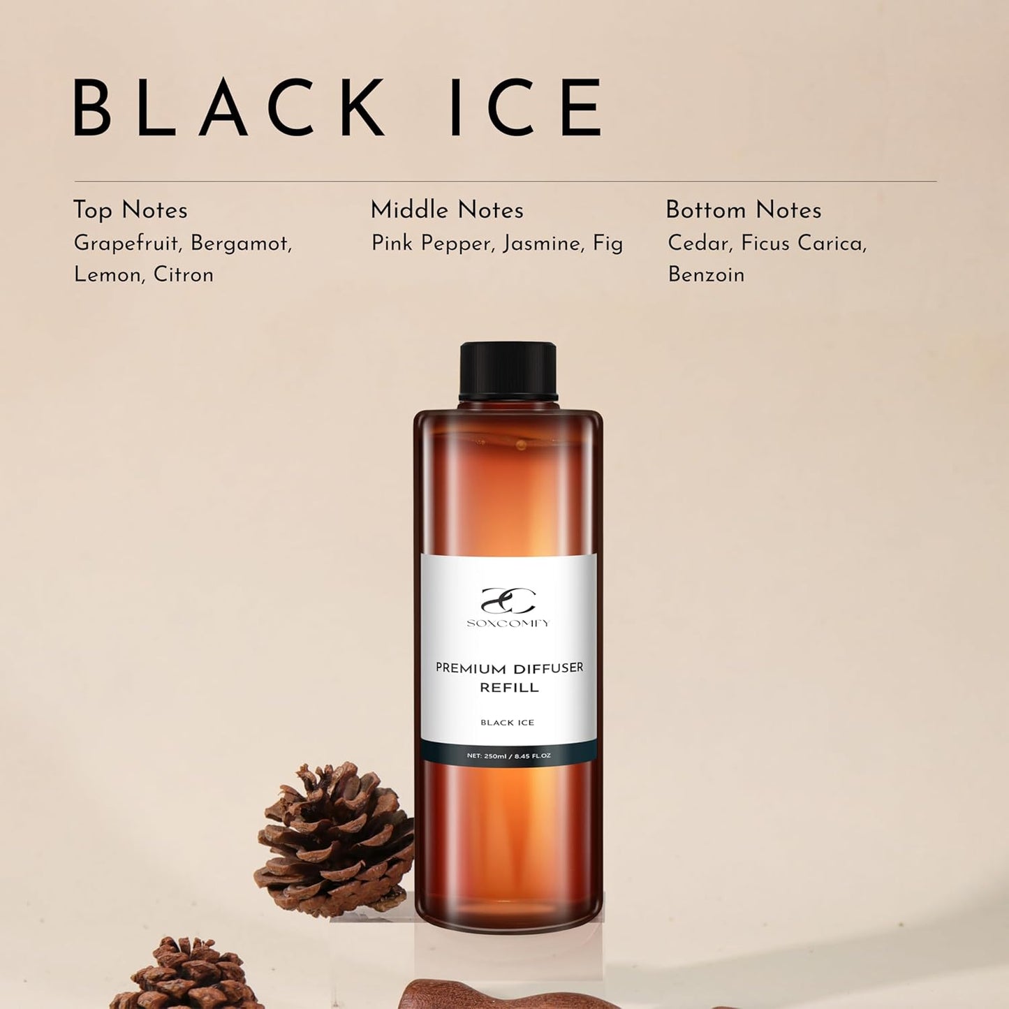 Diffuser Oil Refill, 250ml / 8.45 fl oz, Black ICE - Reed & Aromatherapy Diffuser Oil, Long-Lasting Home Fragrance, Grapefruit, Jasmine & Cedar Notes