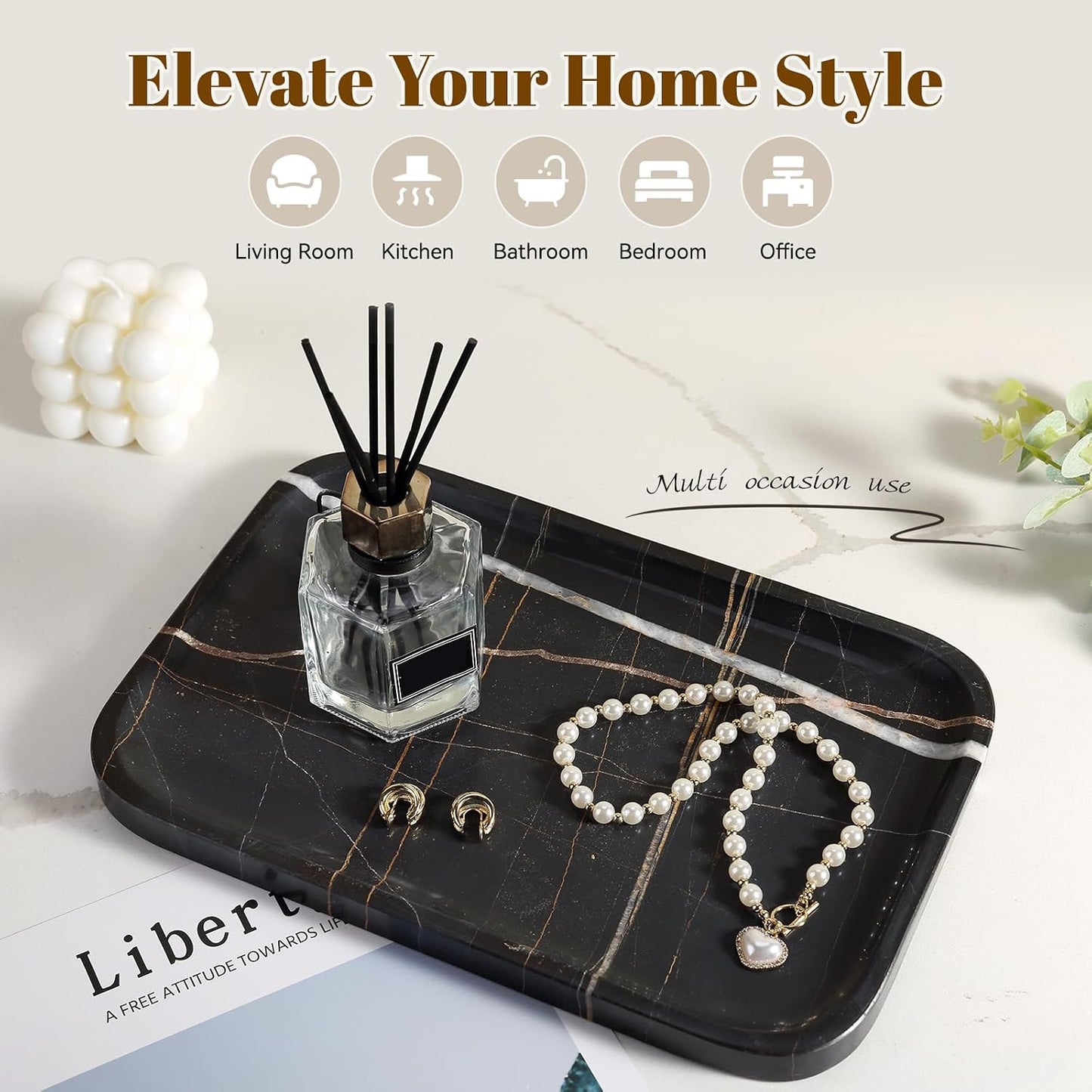 Koville Marble Tray, 12"x8" Natural Marble Vanity Tray for Countertop Bathroom Kitchen Dresser, Decorative Catchall Trays for Perfume Jewelry, Rectangular Stone Serving Tray(Black)