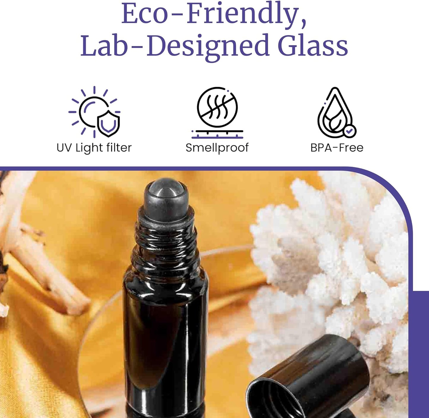 Infinity Jars Black Ultraviolet Glass Bottle 10 Ml (.34 fl OZ) w/Glass Ball Roll on Tip Screw top Bottle for Essential oil, Airtight Cosmetic Containers Roller Bottles with Black Cap 3-Pack