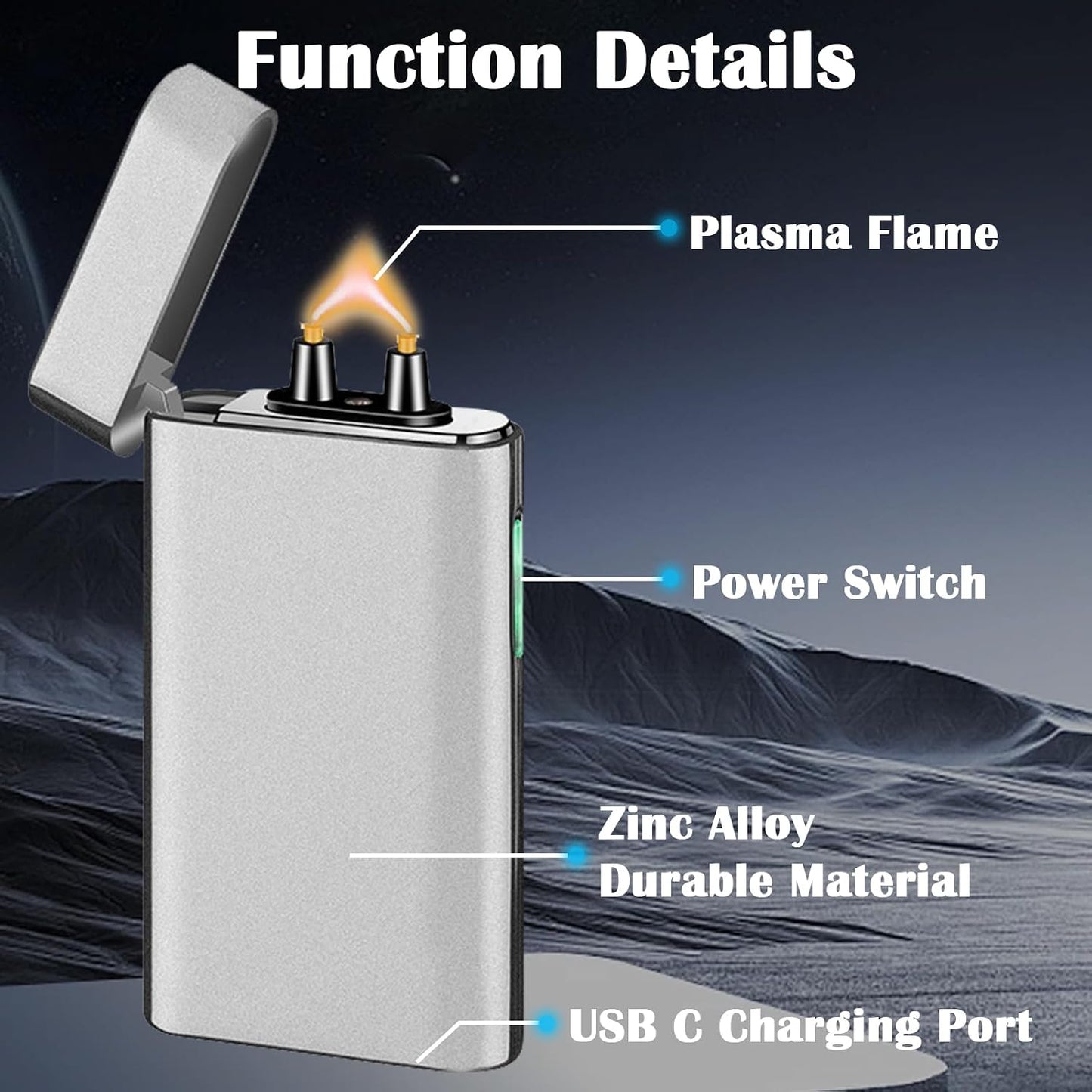 Electric Arc Lighter Rechargeable USB C Lighter Electric Plasma Lighters Windproof Fancy Cool Lighters with Upgrade Battery Safety Switch for Candles, Fireworks, Incense (Matte Silver)