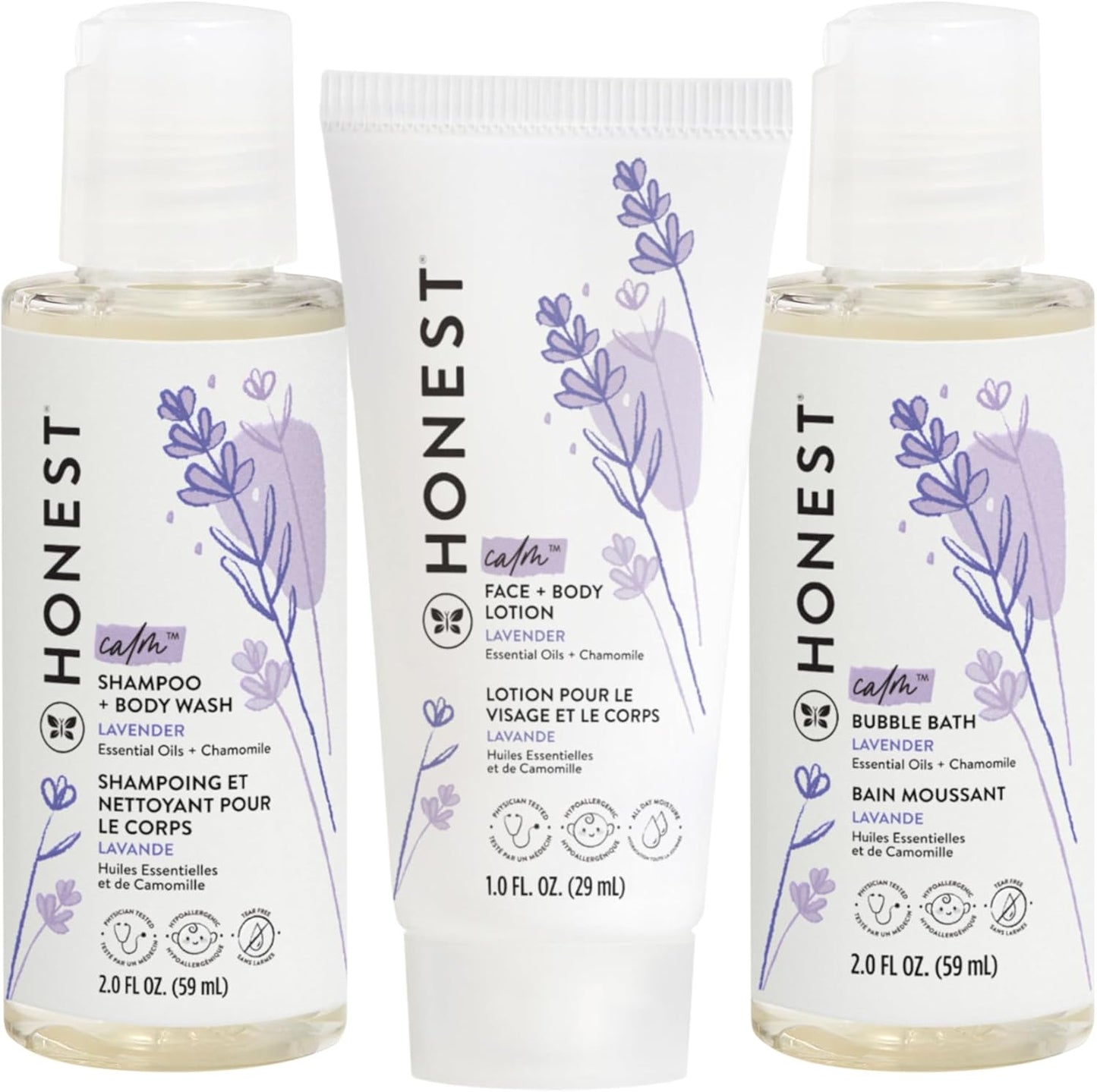 The Honest Company Babe's Mini Must Haves Gift Set Travel Size Hypoallergenic Lavender Bathtime Essentials Shampoo Body Wash (2 fl oz) Face Lotion (1 Bubble Bath
