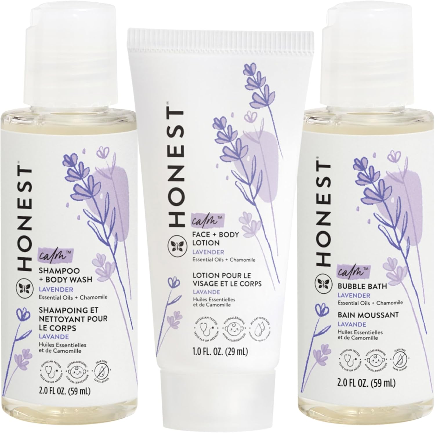 The Honest Company Babe's Mini Must Haves Gift Set Travel Size Hypoallergenic Lavender Bathtime Essentials Shampoo Body Wash (2 fl oz) Face Lotion (1 Bubble Bath