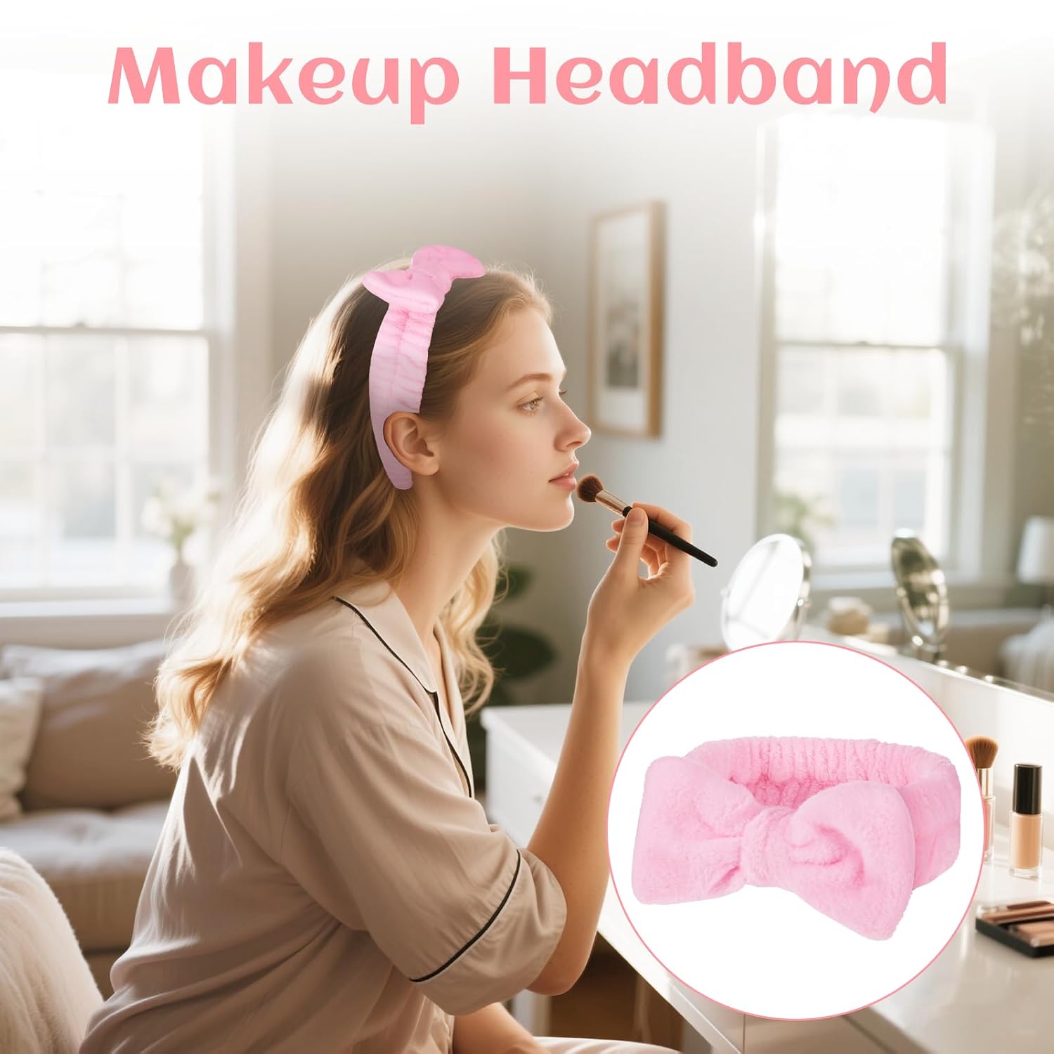 12Pcs Pink Spa Headband Soft Coral Fleece, Makeup Headband Spa Headbands for Washing Face Pink Bow Skincare Headbands Elastic Party Favors, Washable for Makeup, Skincare Washing Face
