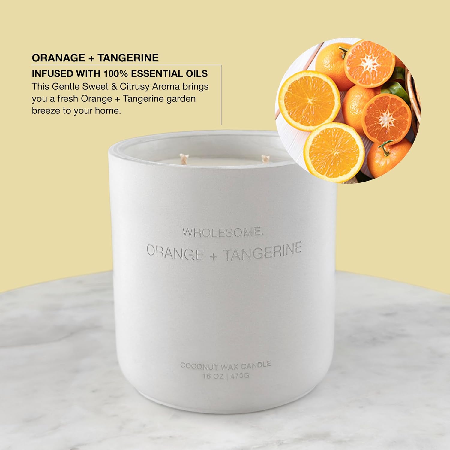 WHOLESOME. Orange Tangerine Scented Non-Toxic Candles for Home, 2 Wicks Natural Coconut Wax Candle Eco-Friendly, Luxury Aromatherapy Candles Stress Relief, 16 oz Large Concrete Jar, 90 Hours Burn