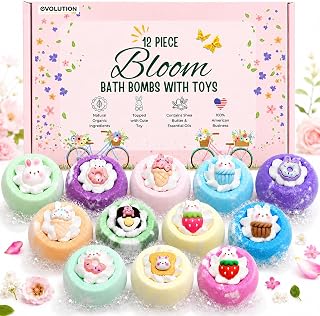 EvolutionUSA 12 Bloom Bath Bombs with Toys - Adorable Girl Bath Bomb Set, Bubbly Kids Bathbombs, Fizzy Bath Ball, Kids Bath Bombs for Girls, Childrens Bath Bomb Set Easter, Birthday, Christmas Gift