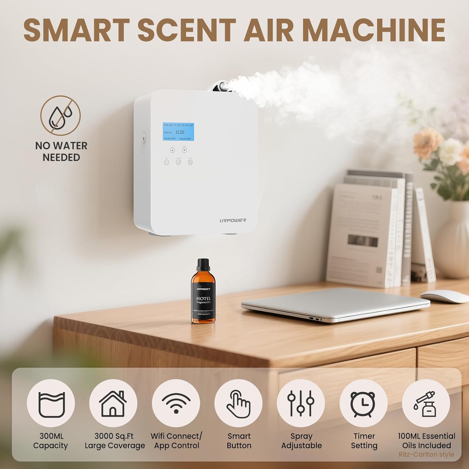 URPOWER 300ml Waterless Nebulizing Scent Diffuser Up to 3000 Sq Ft, Smart APP Control HVAC/Wall Cold-Air Aromatherapy Machine with Lockable Oil Bottle for Home/Office/Hotel Starter Oil Included