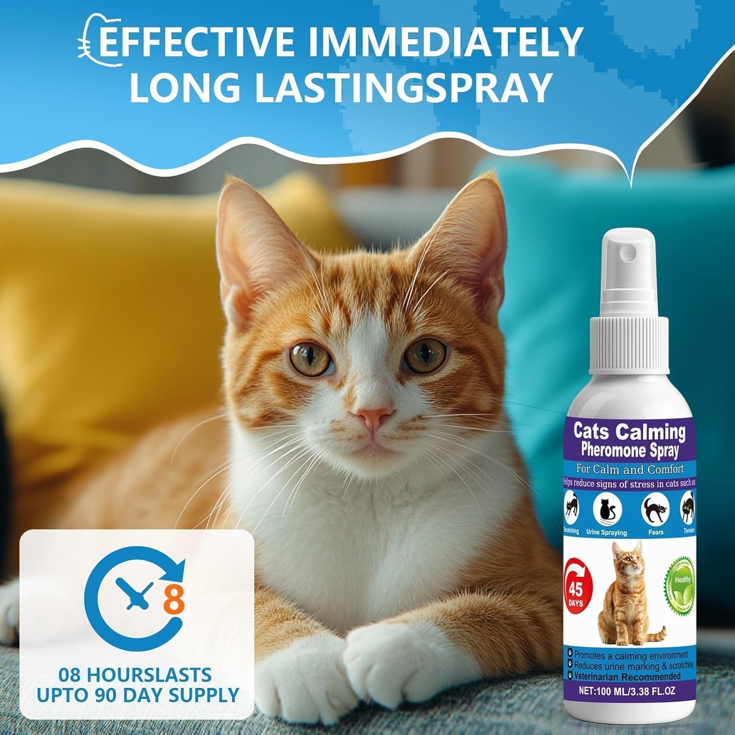 Cat Calming Pheromone Spray for Stress & Anxiety Relief – Reduces Scratching, Urine Spraying, Hiding – Drug-Free & Vet Recommended – Feline Calm Spray with F3 Facial Pheromone 2 * 100mL 8.9oz