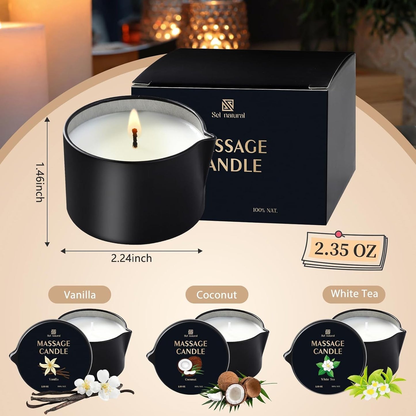 3 Pack Massage Oil Candles 2.35oz Low Temp Massage Candle Wax 3 Scent Vanilla, White Tea, Coconut Spa Therapy Body Oil Christmas Valentine's Day Gifts for Relaxation, Couples, or Self-Care