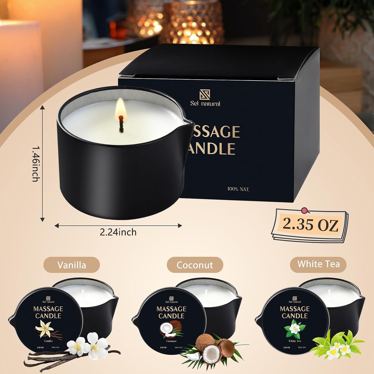 3 Pack Massage Oil Candles 2.35oz Low Temp Massage Candle Wax 3 Scent Vanilla, White Tea, Coconut Spa Therapy Body Oil Christmas Valentine's Day Gifts for Relaxation, Couples, or Self-Care