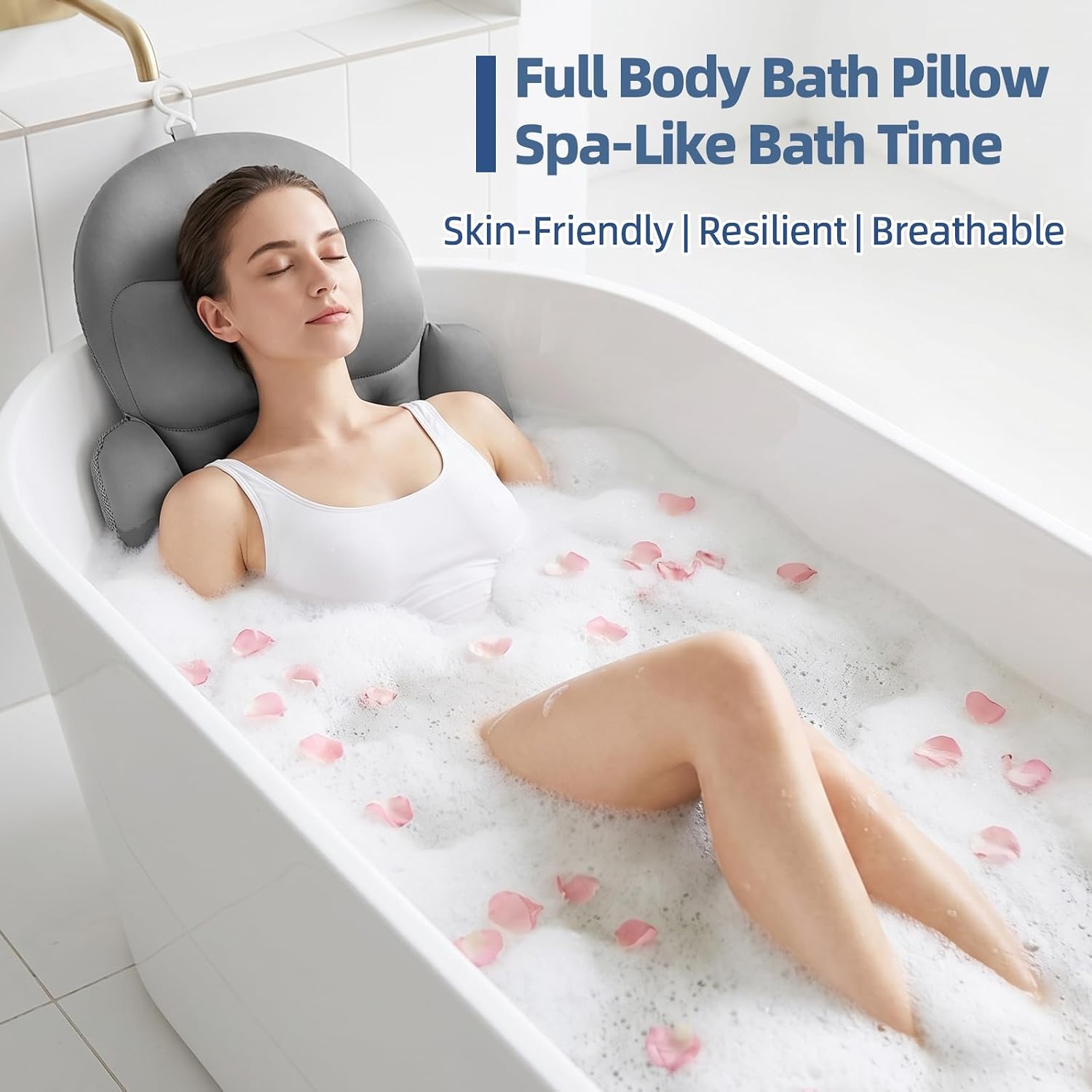 Full Body Bath Pillow for Tub, Ergonomic Head Neck Back Support, 192 Non-Slip Suction Cups, Thick Cushion with Laundry Bag, Fits Most Bathtubs, 56"x16" Grey
